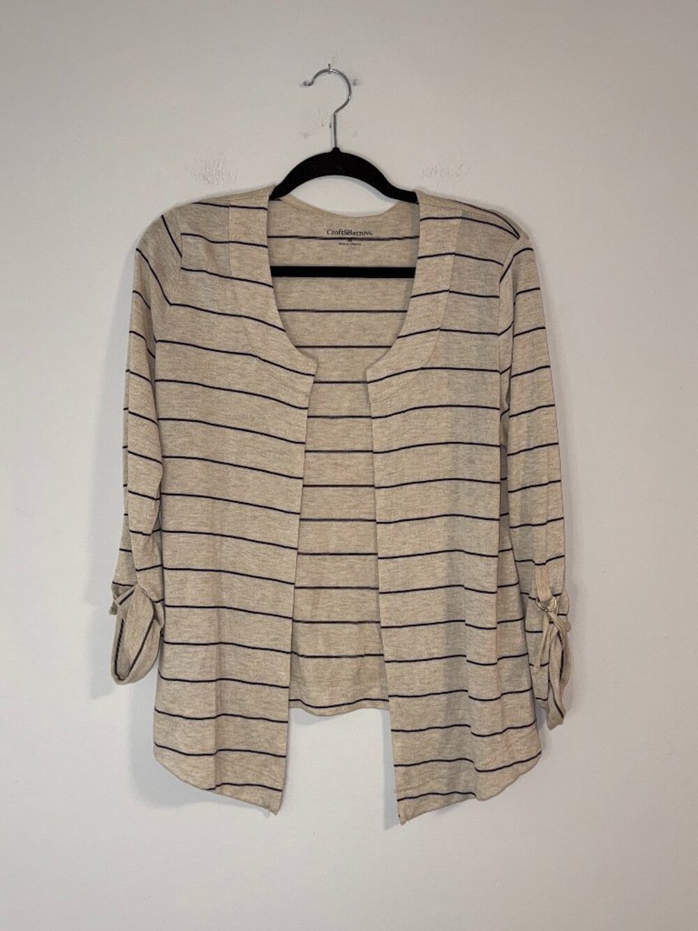 Striped Open Front Roll Tab Sleeve Cardigan Sz M